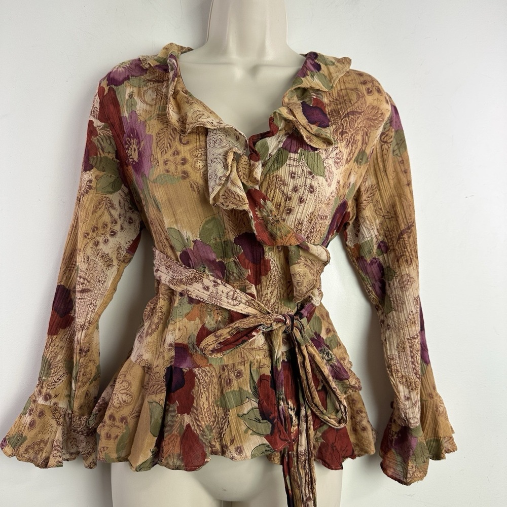 Chaps Floral Wrap Top Ruffle Neck Bell Sleeve Cotton Medium Artsy Earthy Whimsy